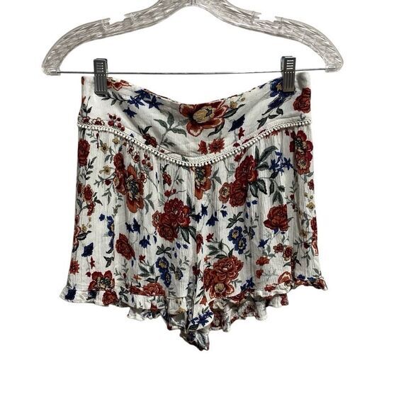 American Eagle Floral Ruffle Shorts S – Cream Red Blue Boho Pom Trim Festival AE - Picture 3 of 12